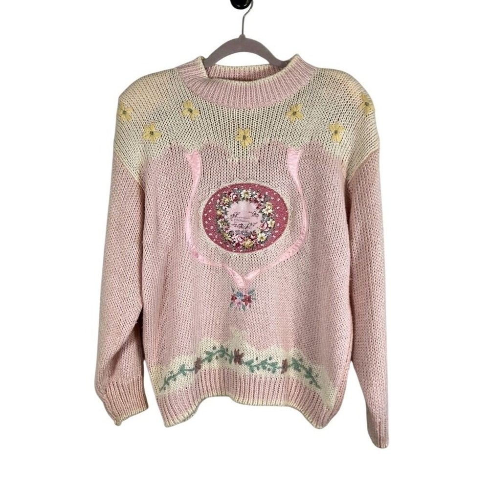 Vintage Floral Knit Sweater Pink L Cottage Grandma Coquette 80s Shabby Chic Art